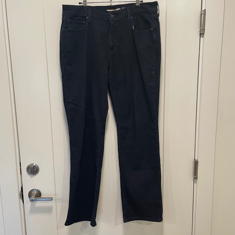 Levis 505 Straight Leg Jeans Dark Wash Indigo Stretch Denim Womens 32 Regular